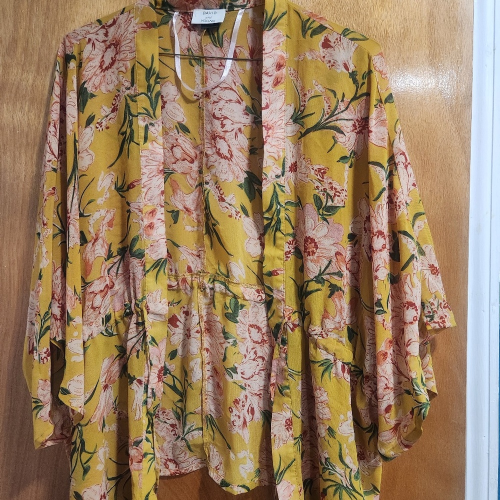 David and Young Cover Up Cardigan‎ Kimono Open Yellow Floral